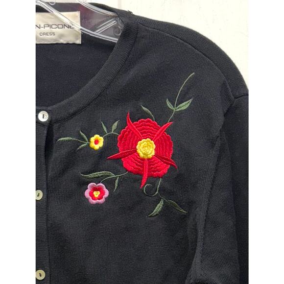 Evan-Picone Cotton Cardigan Black Cropped 3/4 Sleeve Shell Buttons Size S - Picture 3 of 5